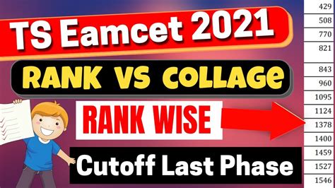 Ts Eamcet Rank Vs College 2021 Rank Wise College List Cut Off Pdf YouTube