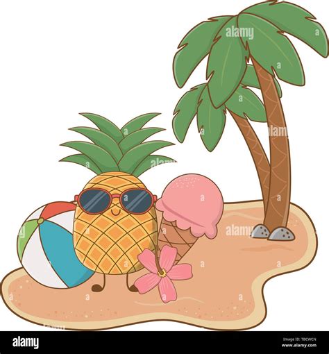 Summer Pineapple With Sunglasses And Ice Cream Cartoons At Beach With Palms Scenery Vector