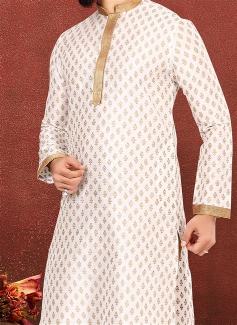 Shop White Benarasi Dupion Silk Kurta Pyjama Festive Wear Online At