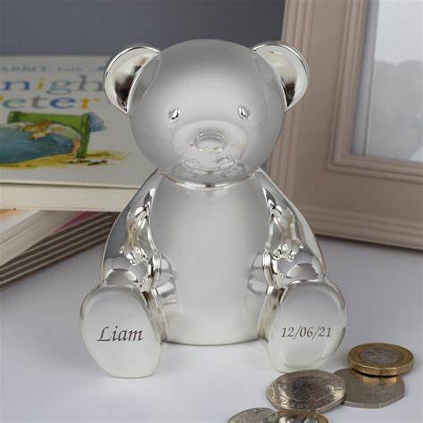 Personalised Silver Teddy Bear Money Box For Boys Christening Etsy Uk