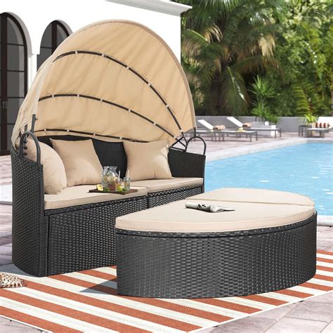 Lacoo Rattan Daybed With Retractable Canopy Outdoor Patio Furniture