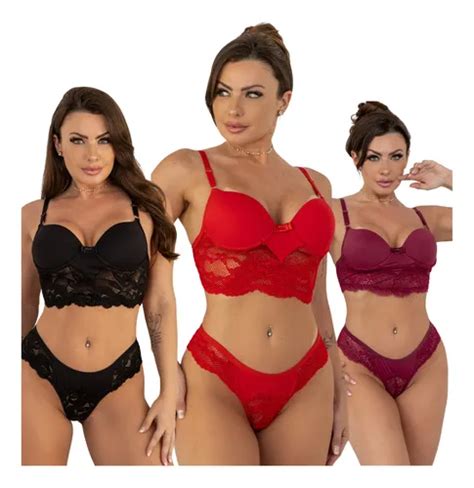Kit 3 Conjunto Lingerie Rendado Sexy Calcinha Fio Duplo MercadoLivre