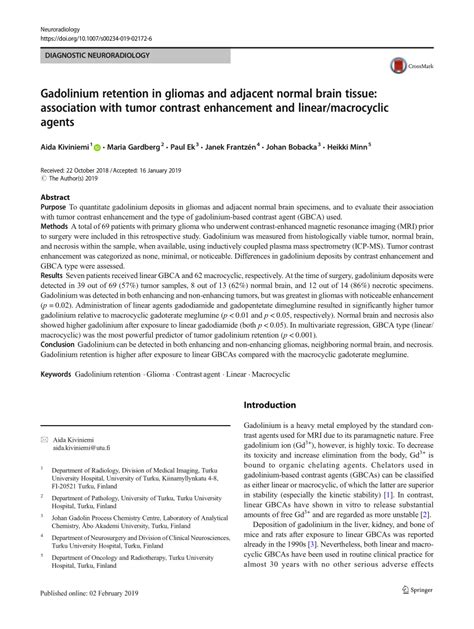 Pdf Gadolinium Retention In Gliomas And Adjacent Normal Brain Tissue