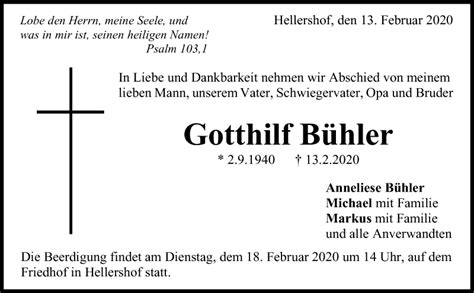 Traueranzeigen von Gotthilf Bühler ZVW Trauer