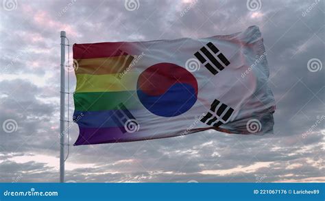 Bandeira Ondulada Do Estado Da Coreia Do Sul E Bandeira Do Arco íris