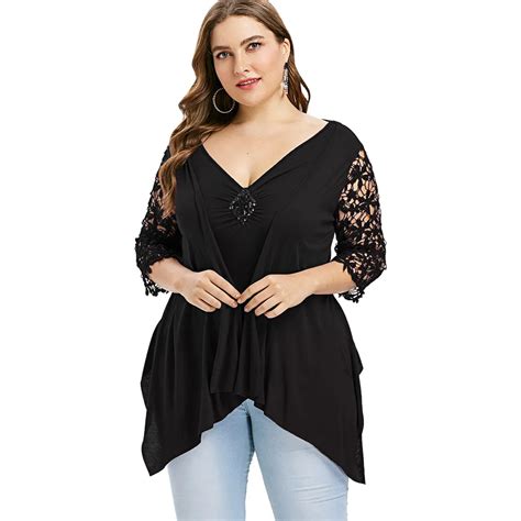 Rosegal Plus Size Faux Twinset Lace Insert Asymmetrical T Shirt Women