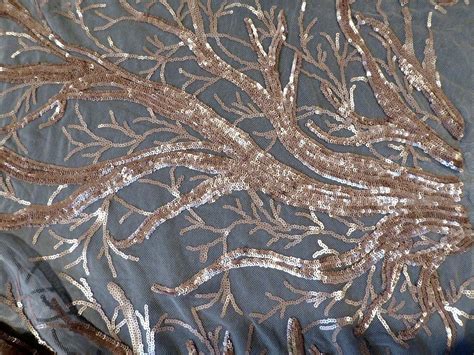 Organic Branching Shapes In Colors Old Gold Sequins On Beige Nude Net Beautiful Textiles