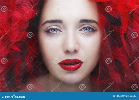 Beautiful Young Model With Red Lips Gorgeous Woman Face Stock Image