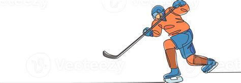 One Single Line Drawing Of Young Ice Hockey Player In Action To Play A