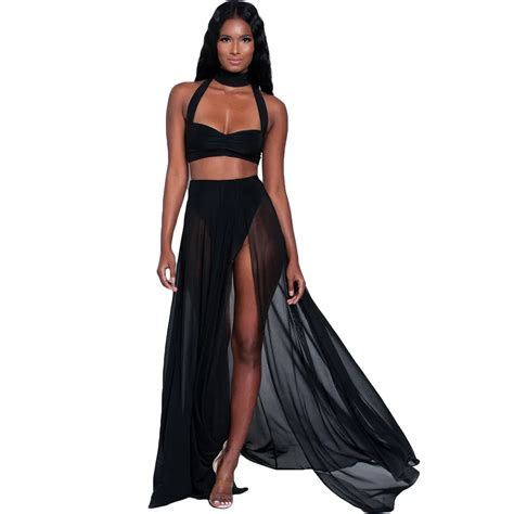 Summer 2019 Chiffon Sex Night Dress Maxi Dresses2 Piece Set Open Forked