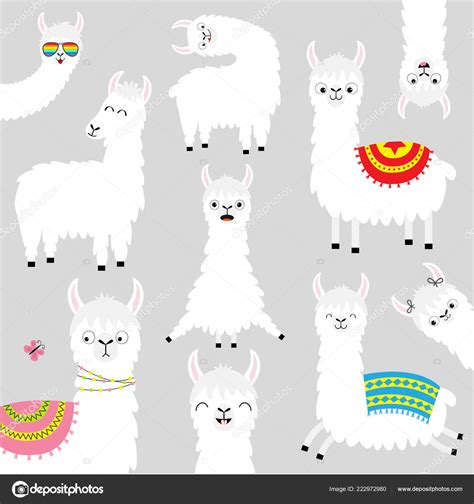 Llama Alpaca Set Face Glassess Cute Cartoon Funny Kawaii Character ...