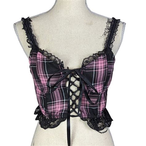 Dolls Kill Dolls Kill Widow Plaid Lace Up Cropped Cami Corset Top Black