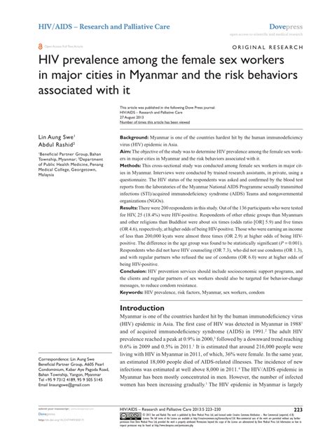 PDF HIV Prevalence Among The Female Sex Workers In Major Cities In Myanmar And The Risk