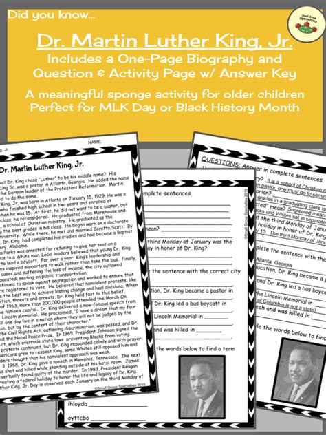 Martin Luther King Jr Biography And Activity Page Made By Teachers