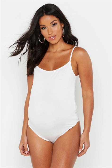 Boohoo Maternity Basic Rib Strappy Bodysuit In White Lyst