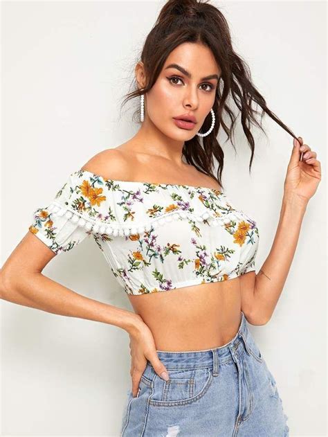 Shein Ditsy Floral Lace Trim Bardot Crop Top Bardot Crop Top Crop