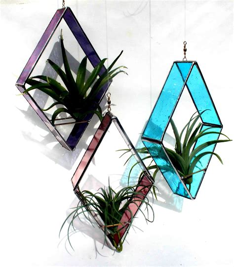 Handmade Stained Glass Hanging Diamond Planters For Air Plants Etsy Plant Holders Stained