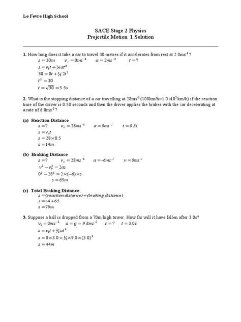 Worksheet Projectile Motion 1 Solution Pdf Kinematics Motion