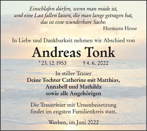 Traueranzeigen Von Andreas Tonk Lr Online Trauer De