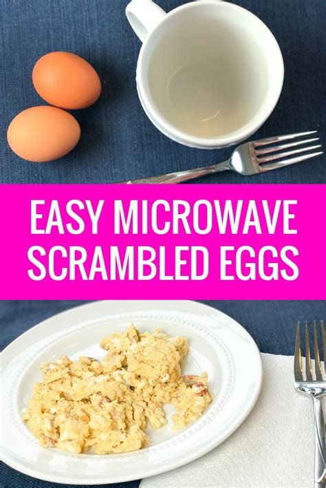 Easy Microwave Scrambled Eggs On A White Plate Next To A Bowl Of Eggs And Fork