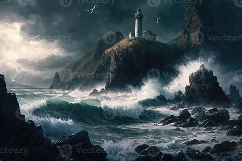 Dramatic Coastline With Towering Cliffs Crashing Waves And A