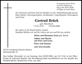 Traueranzeigen von Gertrud Brück Trauer in NRW de