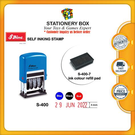 Shiny Self Inking Date Stamp 4mm height (S-400) & Ink Colour Refill Pad ...