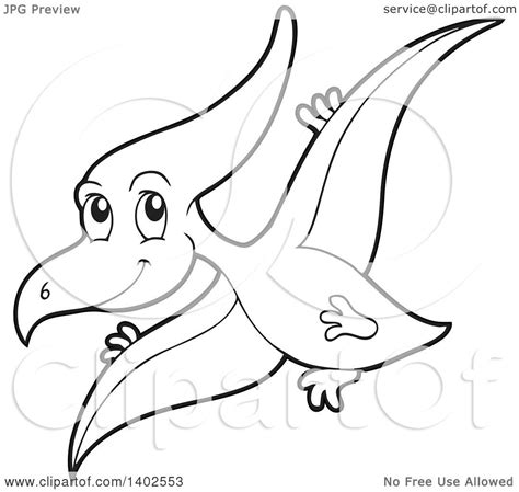 Clipart of a Black and White Lineart Flying Pterodactyl Dinosaur - Royalty Free Vector ...