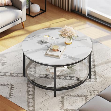 DWVO Modern Faux Marble Round Coffee Table, Storage-Friendly Living