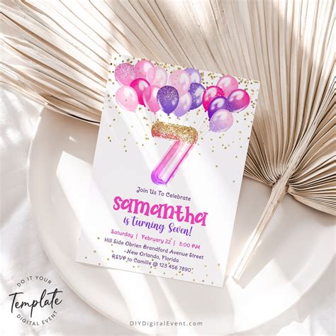 Pink 7th Birthday Invite Template Glittery Purple Pink Balloons