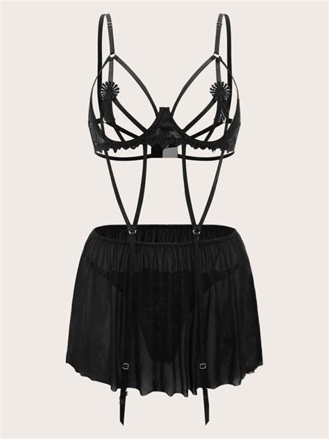 Pack Mesh Cut Out Garter Underwire Thong Lingerie Set For Sale Australia New Collection Online