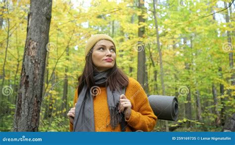 Brunette Woman Walks Among Trees And Explores Forest Nature Stock Image Image Of Trail Dense