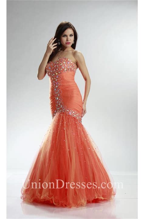 Mermaid Sweetheart Orange Tulle Beaded Prom Dress Corset Back