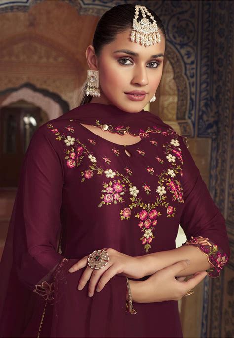 Buy Embroidered Art Silk Pakistani Suit In Maroon Online Kvg