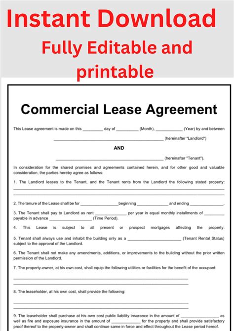 Fully Editable Commercial Lease Agreement Template I 2 Pages L Easy And