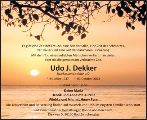 Traueranzeigen Von Udo J Dekker Nordwest Trauer De