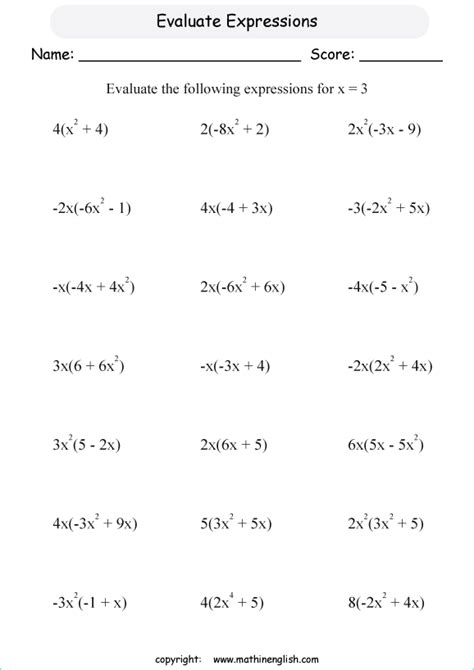 Evaluating Algebraic Expressions Worksheets Th Grade Learning School