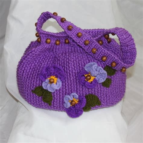 Crocheted Purple Bag With Flowers