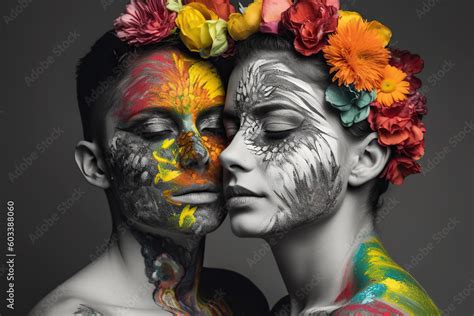 Generative AI Illustration Of Black And White Of Sensual Lesbian Women With Painted Faces And