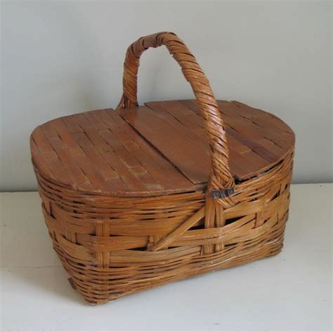 Vintage Woven Picnic Basket With Hinged Wooden Lid Picnic Basket