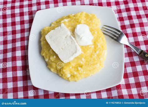 Polenta With Cheese And Sour Cream In A Plate Stock Image Image Of