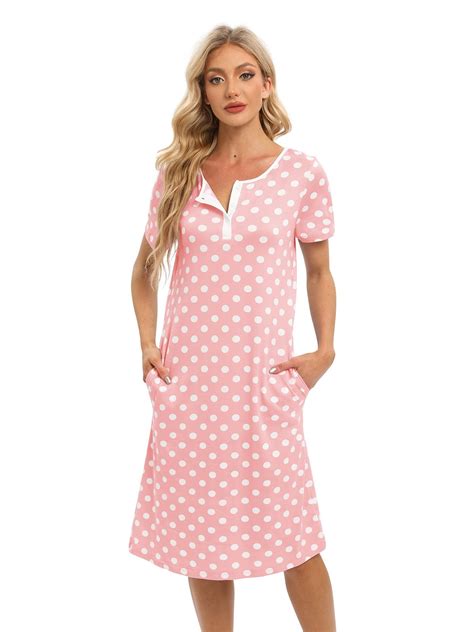 Women S Nightshirt Short Sleeve Nightgown Round Neck Sleepwear Polka