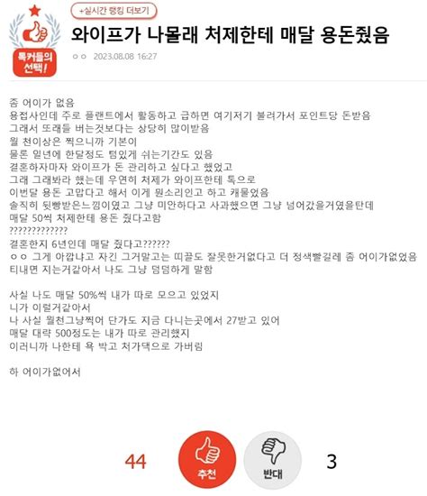 블라인드 결혼생활 남편 몰래 처제 용돈 준 와잎