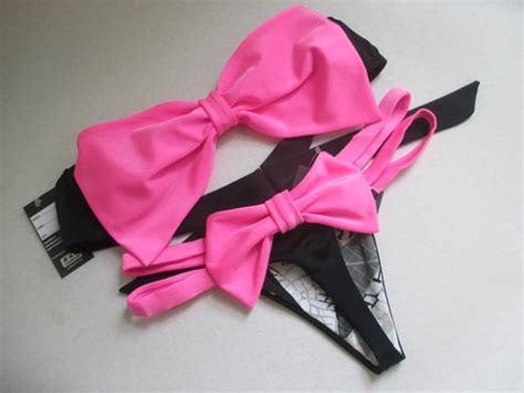 Strappy Bikini Bow Thong Bottom Neon Pink Bow Bandeau Top And Etsy