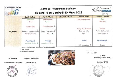 Menu Du Restaurant Scolaire Semaine Du 6 Au 10 Mars 2023 Mairie De