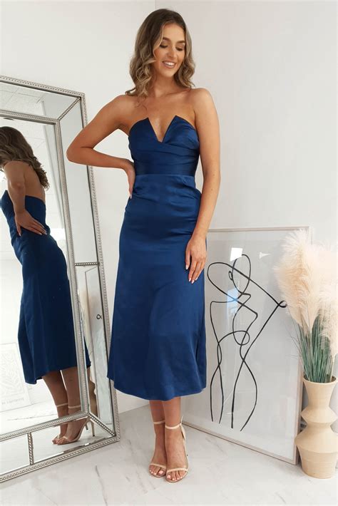 Louvre Strapless Satin Midi Dress Navy