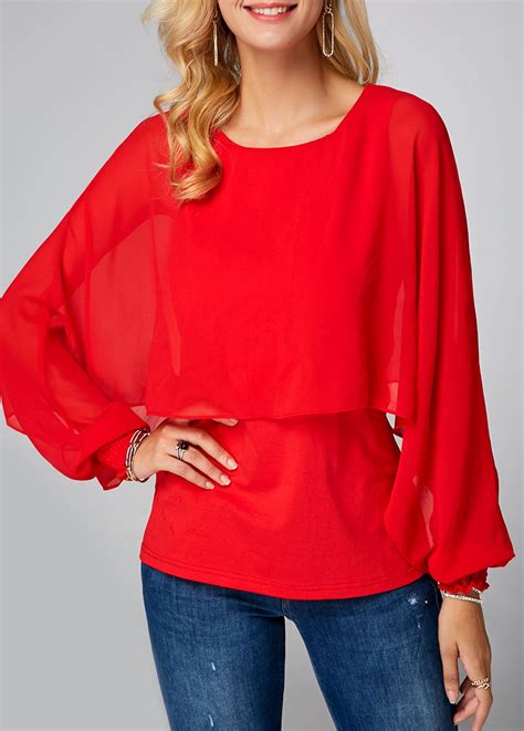 Red Overlay Embellished Round Neck Chiffon Blouse Chiffon Blouse