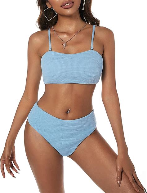 Zaful Damen Texturiert Spaghettitr Ger Gepolstert Bandeau Bikini Set