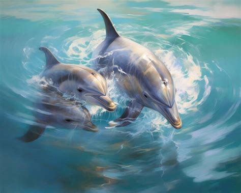 Pintura De Dos Delfines En El Agua Con Una Pelota En Su Boca Generativa