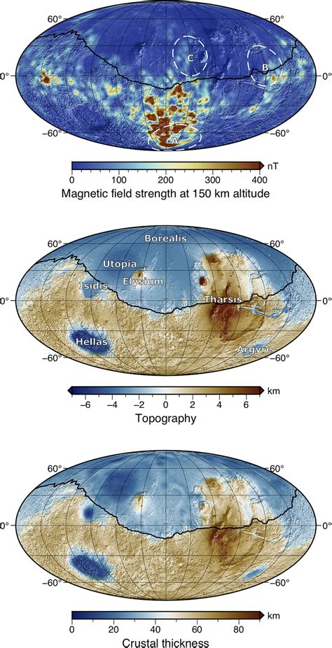 (top) Total magnetic field strength of Mars at 150 km altitude (which ...